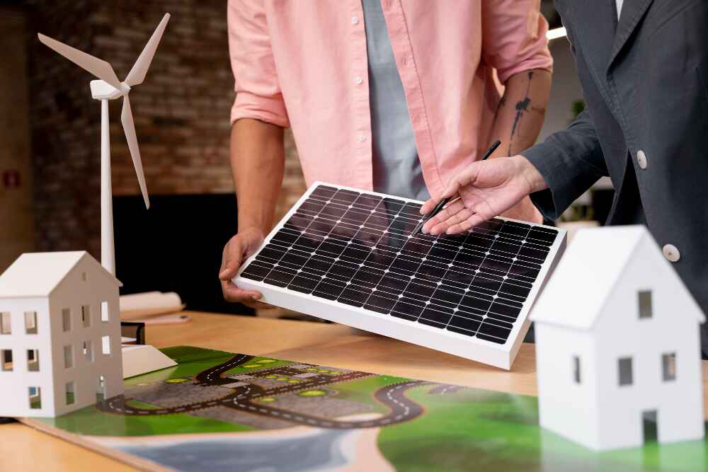 Pessoas negociando energia solar em conodomínio