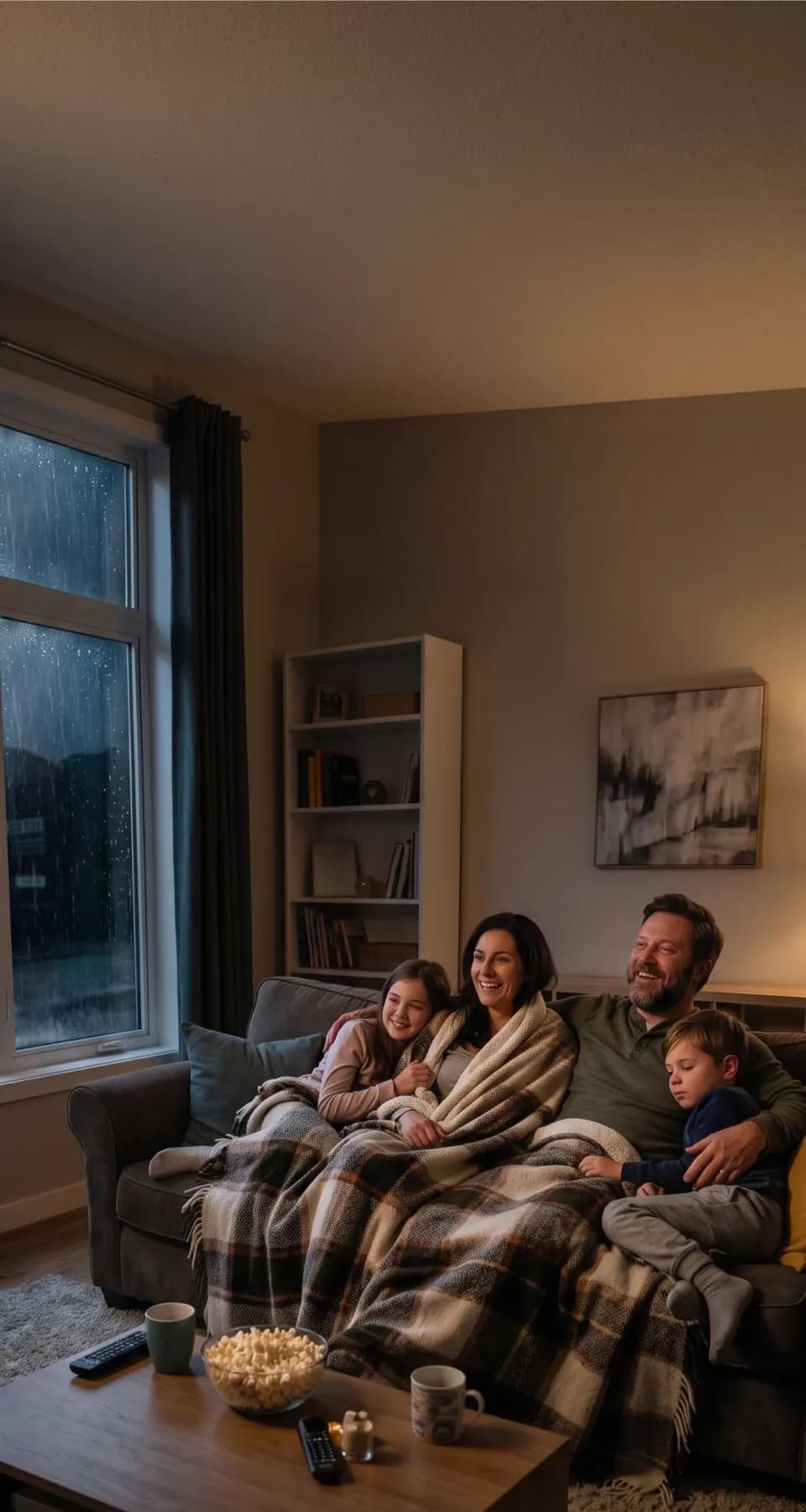 Família assistindo TV em casa, com luz e conforto, durante uma tempestade