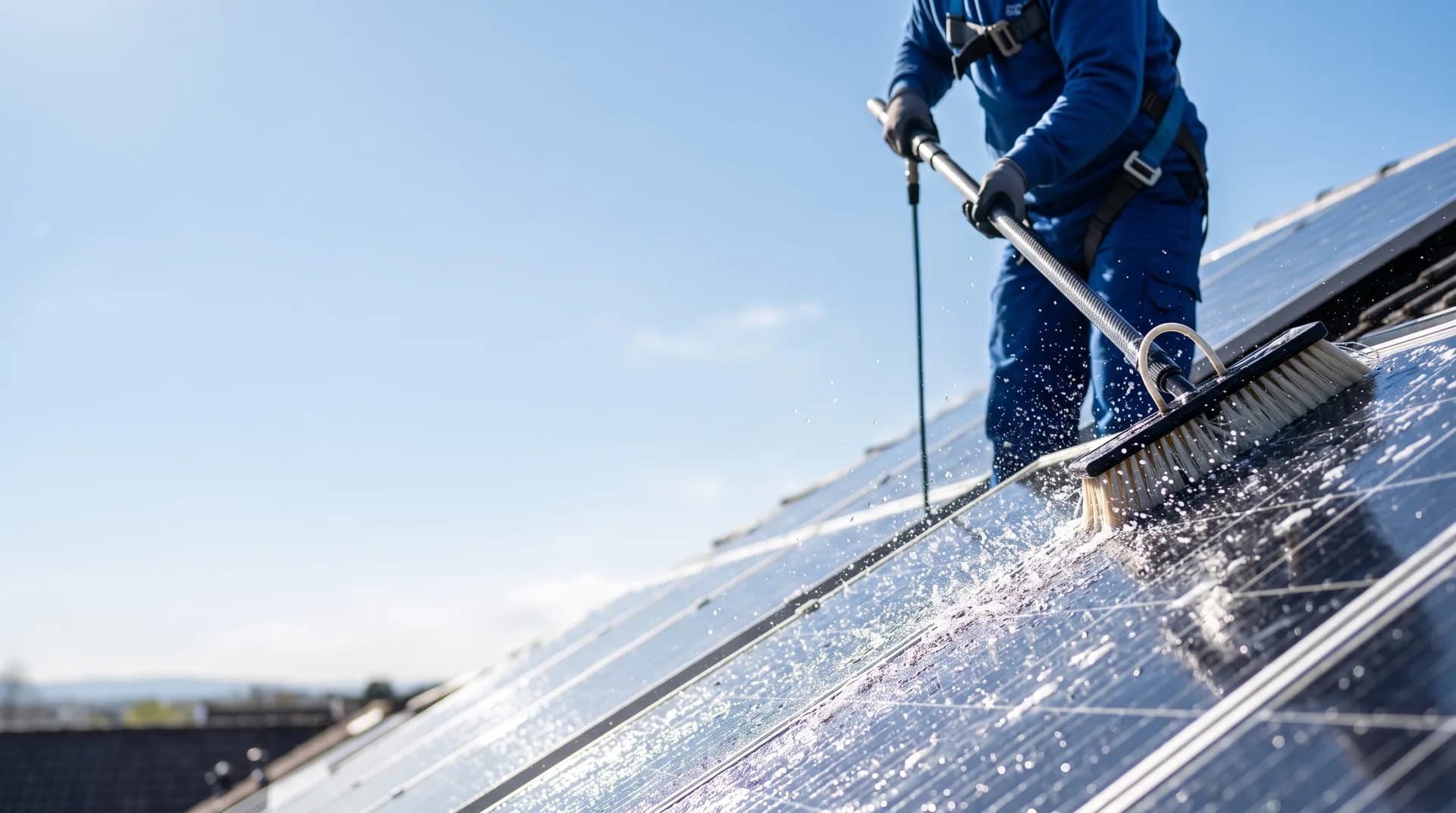 Técnico realizando limpeza de painéis solares