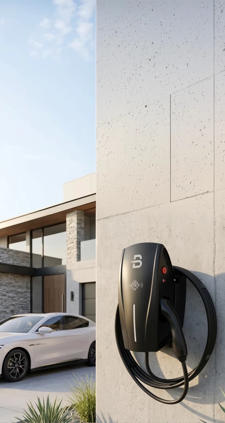 Veículo elétrico carregando em uma garagem residencial