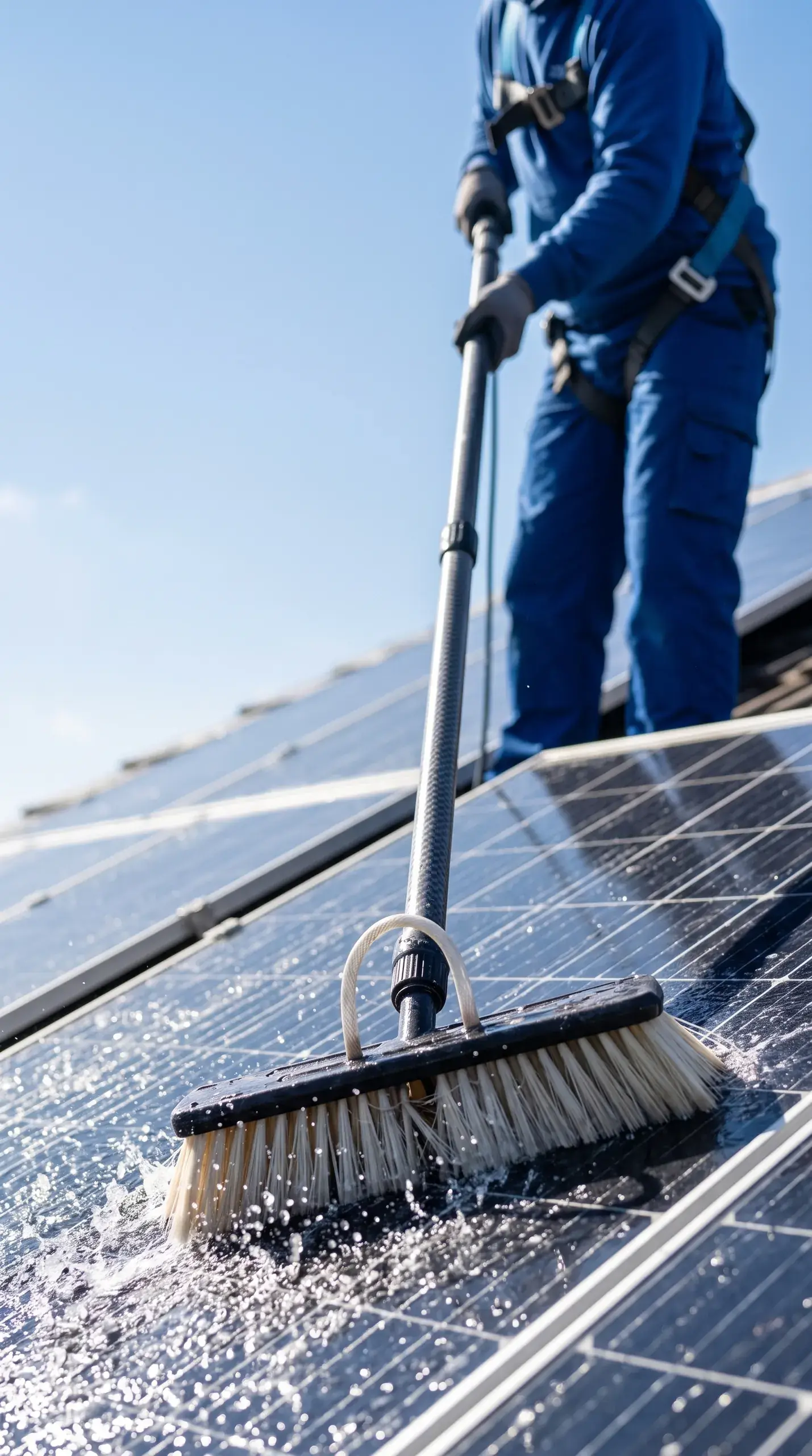 Técnico realizando limpeza de painéis solares