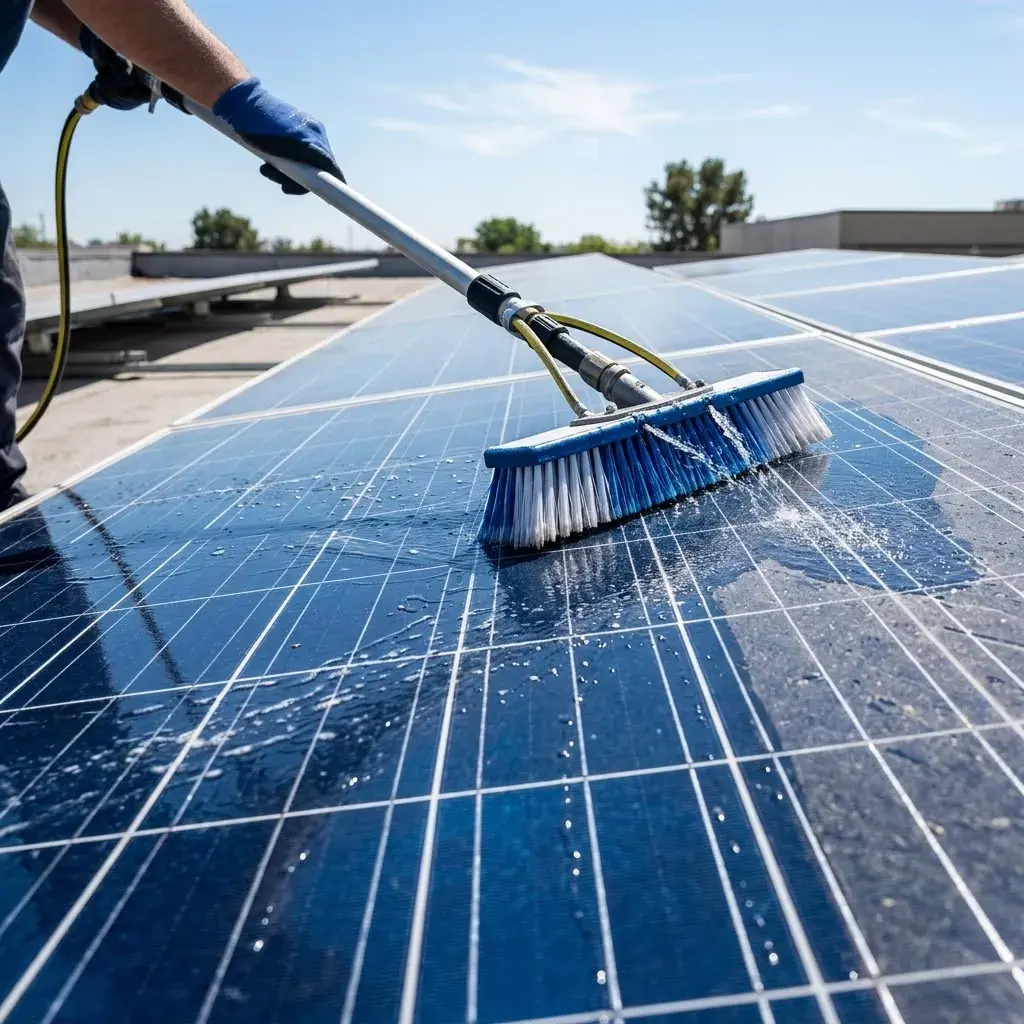Técnico limpando painel solar com escova e água