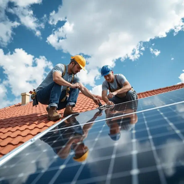 Técnicos realizando manutenção preventiva em painéis solares